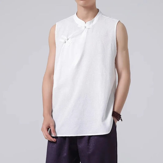 Men's Summer Tank Top Chinese Style Loose Stand Collar Cotton Casual Breathable Sleeveless Vest