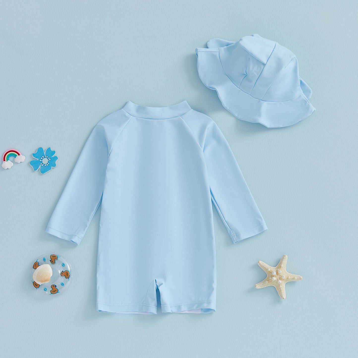 Baby Boys Rash Guard Swimsuit Set - Long Sleeve Zip-Up with Sun Cap