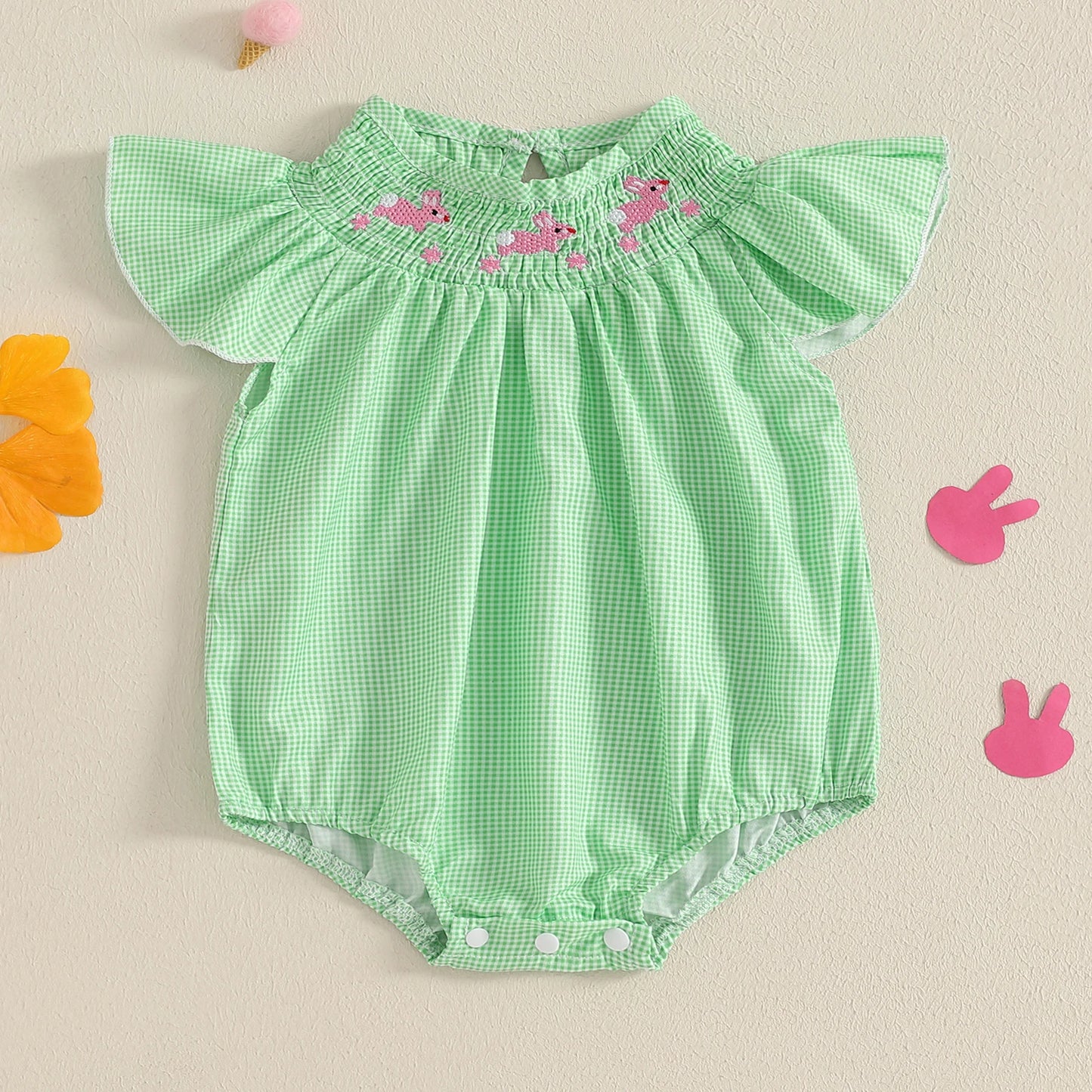 Baby Girls Easter Romper - Rabbit Embroidery Plaid Smocked Jumpsuit