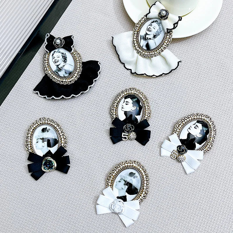 Retro Beauty Head Brooch - Velvet Bow Badge Flower Corsage Pin