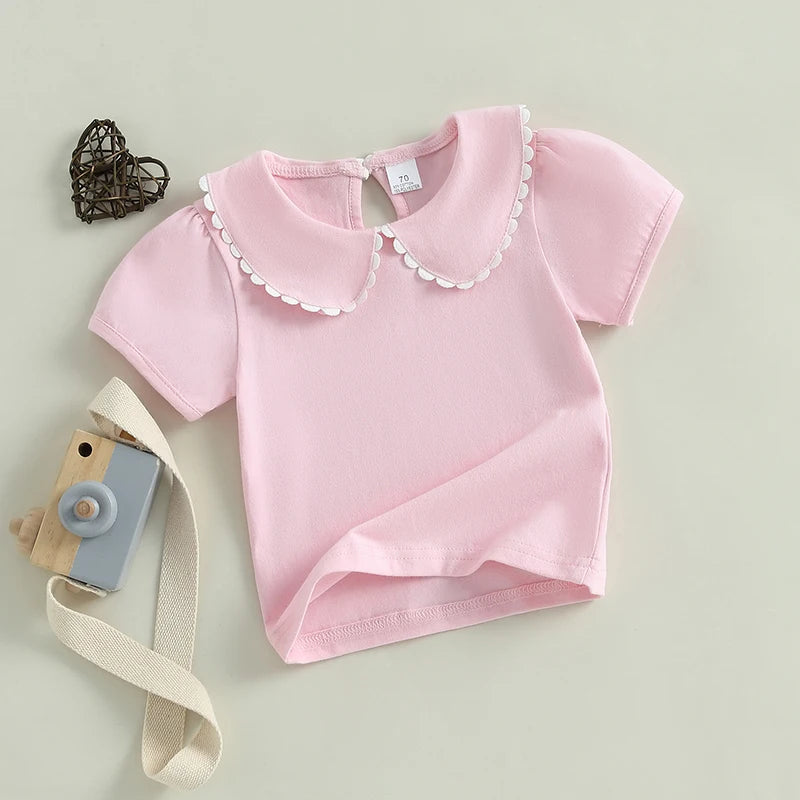 0-6Y Kids Girls Summer Casual  Short Sleeve Doll Collar Pullover Top