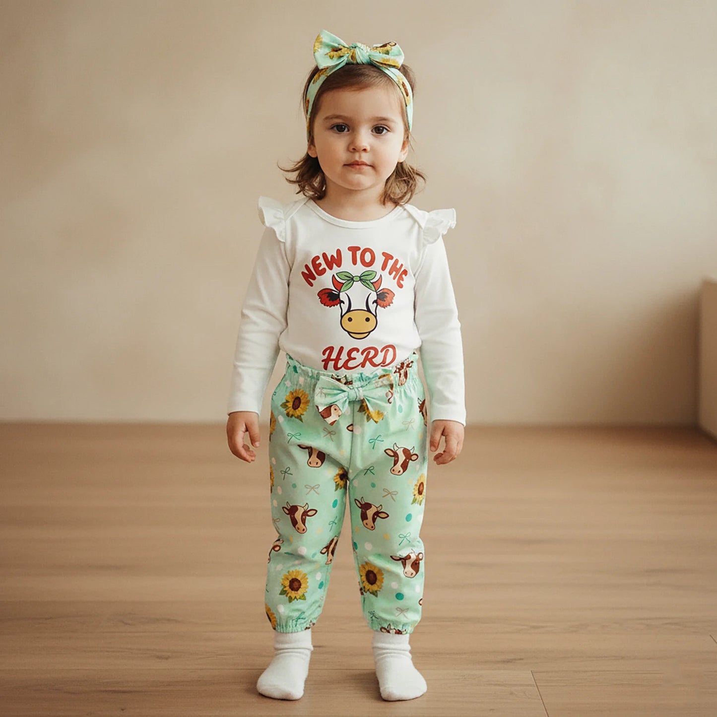 Baby 3-Piece Outfit Set - Cow Print Letter Romper, Pants & Headband