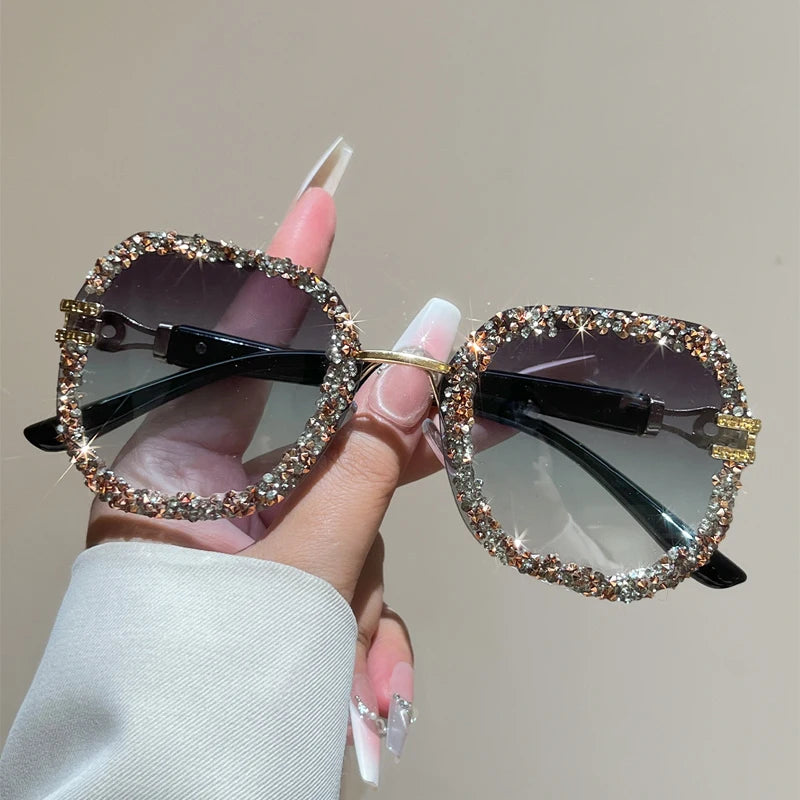 Oversized Round Rhinestone Sunglasses – Women's Gradient Multi-Colour Shades