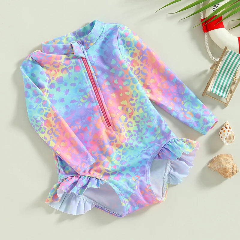 0-6Y Toddler Kids Baby Girl Swimsuit - Fish Scale Print Ruffles Long Sleeve Zipper Jumpsuit Swimwear Beachwear