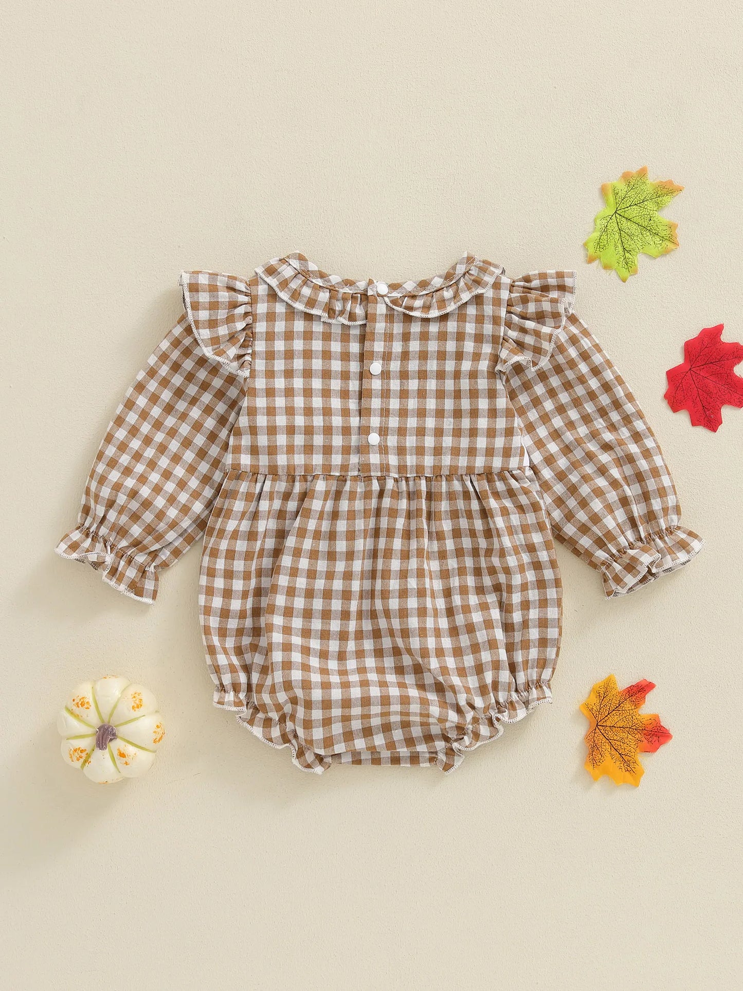 Baby Thanksgiving Romper - Long Sleeve Plaid Print Turkey Embroidery Bubble Jumpsuit