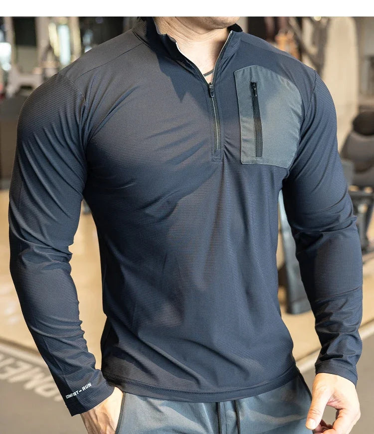 Men's Muscle Workout Sportswear Long Sleeve Running Clothing with Half Zip with Pockets Sports Gym Fitness Compression Shirt