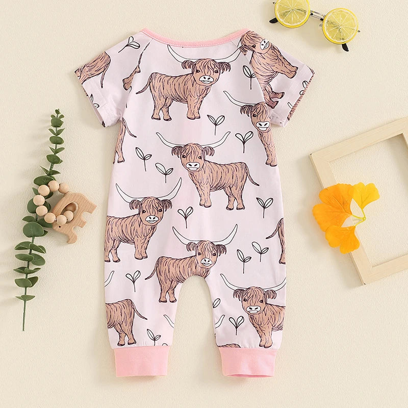 0-18M Infant Baby Girls Boys Western Romper Cow Cattle Print Short Sleeve Zip-Up Toddler Jumpsuits Clothes