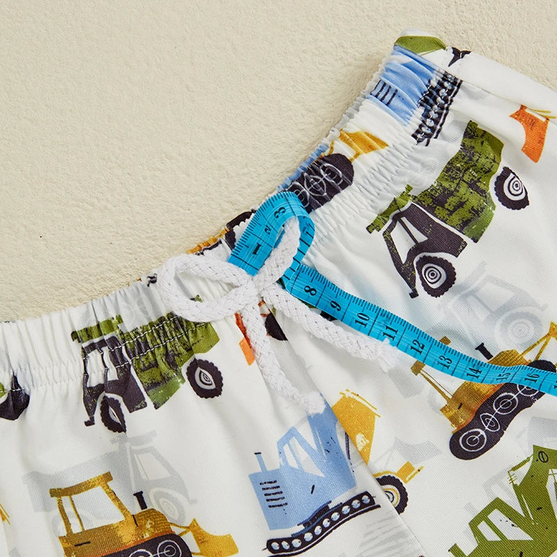 0-4Y Kids Boys Clothes Set Short Sleeve Excavators Print Pocket T Shirts Tops and Shorts Set