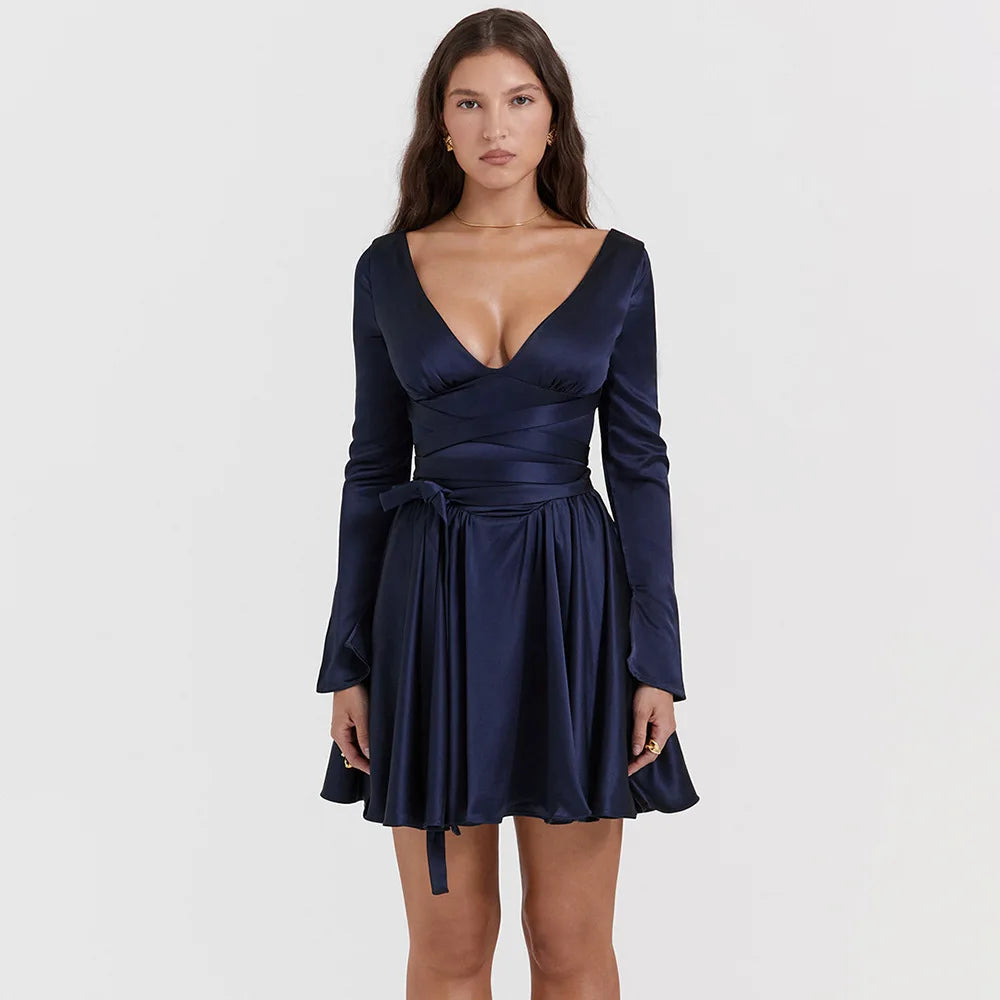 Women's Long Sleeve V Neck Belt Party Dress