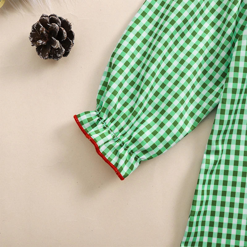 Christmas Santa Embroidery Plaid A-Line Dress - Girls Long Sleeve Festive Dress