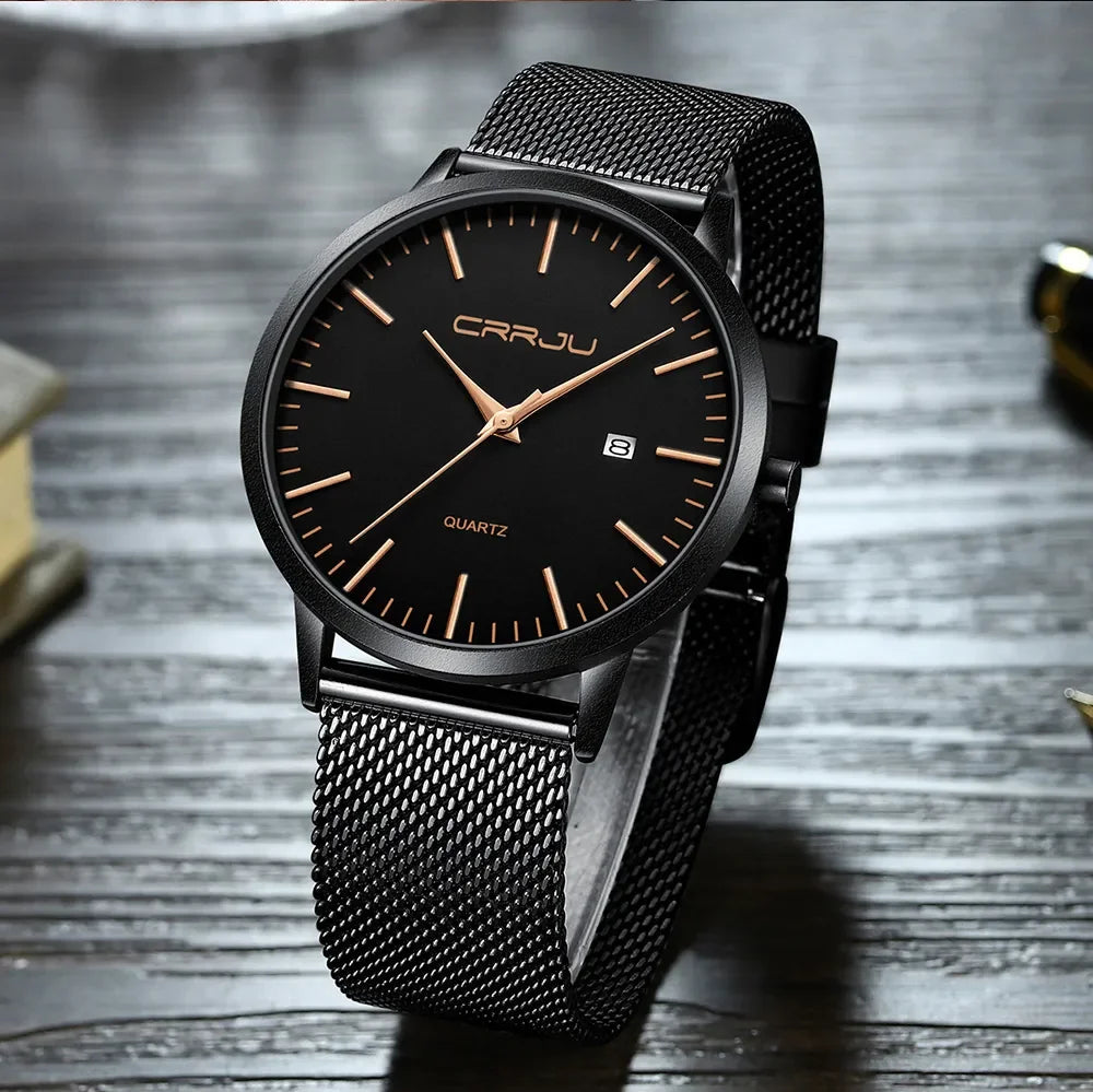 Ultra Slim Stainless Steel Watch - 40mm Mesh Strap Men's Automatic Wristwatch