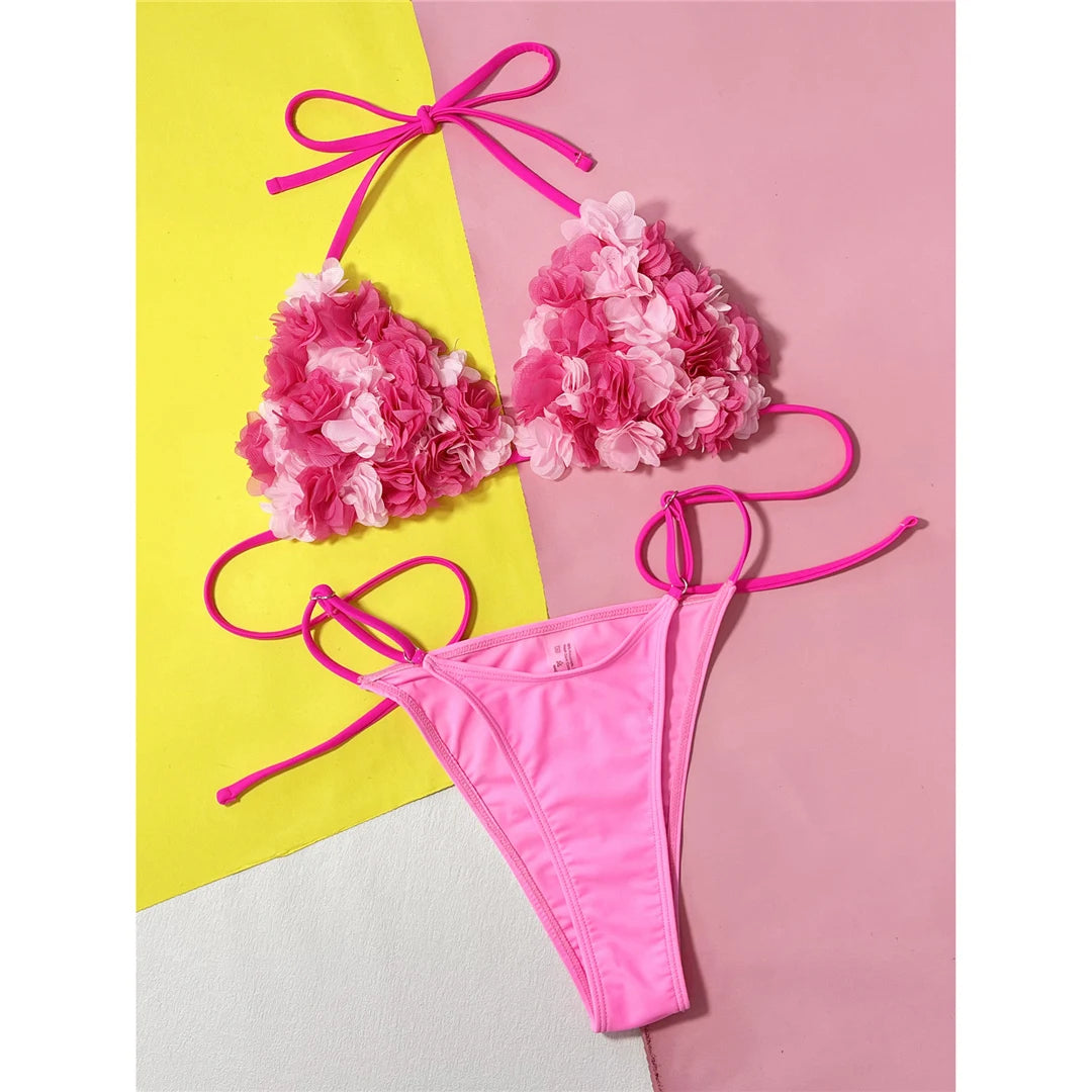 Women's 3D Flowers Halter High Leg Cut Bikini Swimwear Swimsuit Two-pieces Bikini Set