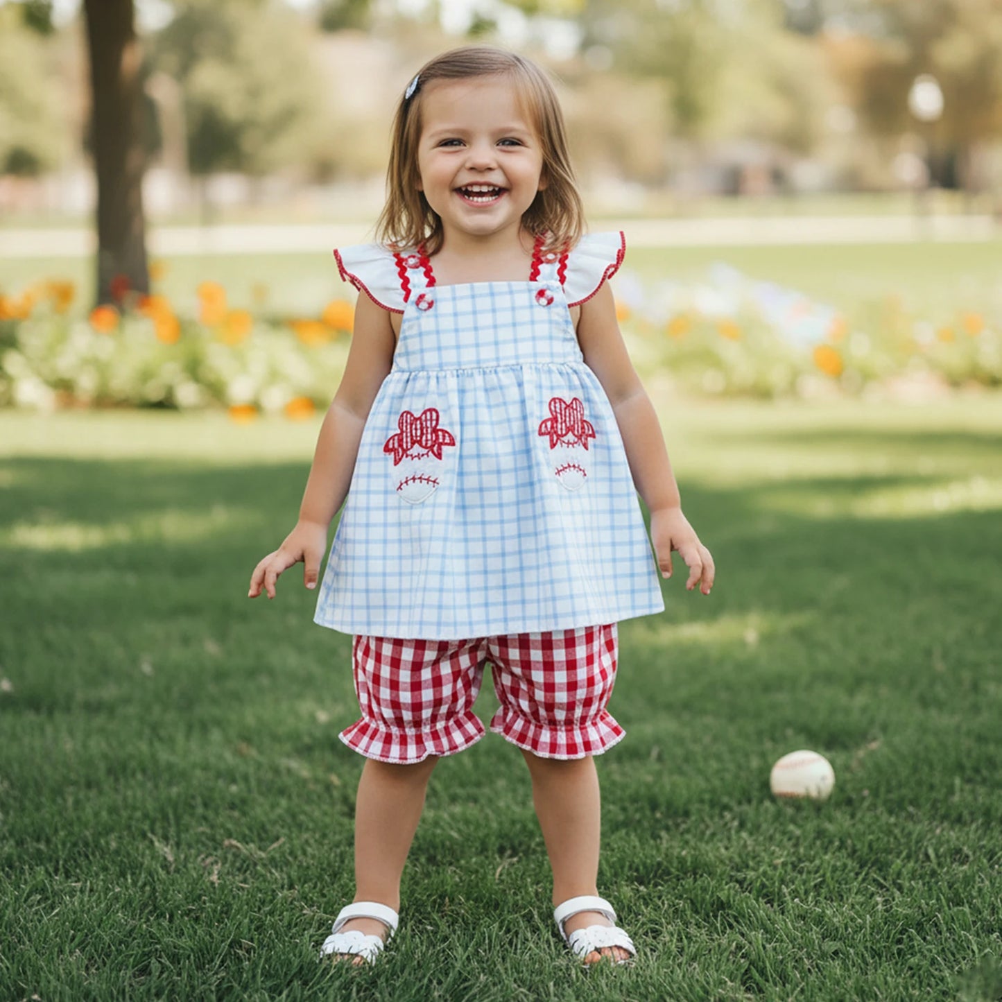 Toddler Girls 2-Piece Outfit Set - Plaid Baseball Embroidery Top & Shorts