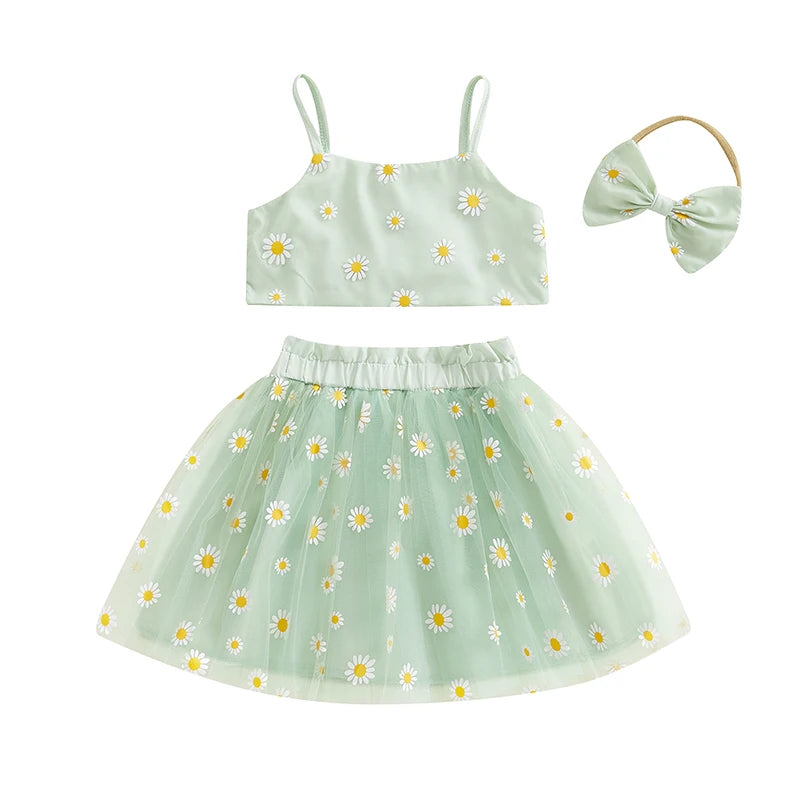 0-3Y Toddler Baby Girls Summer Clothes Sets Sunflowers Print Spaghetti Strap Top and Tulle Skirt Bow Headband