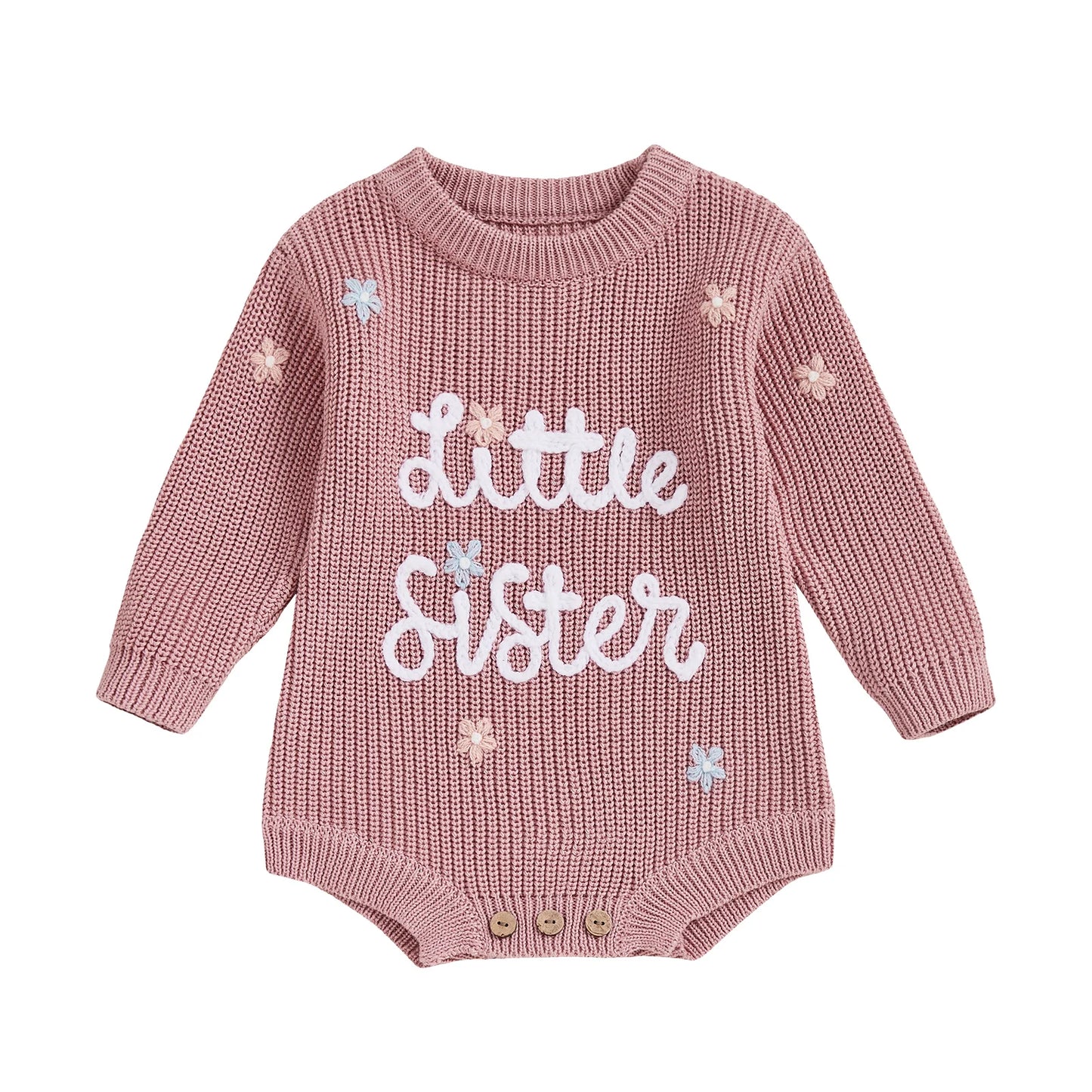 Newborn Baby Sweater Romper - Letter Floral Embroidery Round Neck Knit Jumpsuit