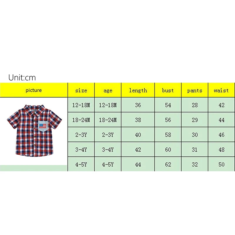 0-5Y American Flag Kids Boys Shirts Short Sleeve Plaid Print Button Down Shirts Toddler Summer Top