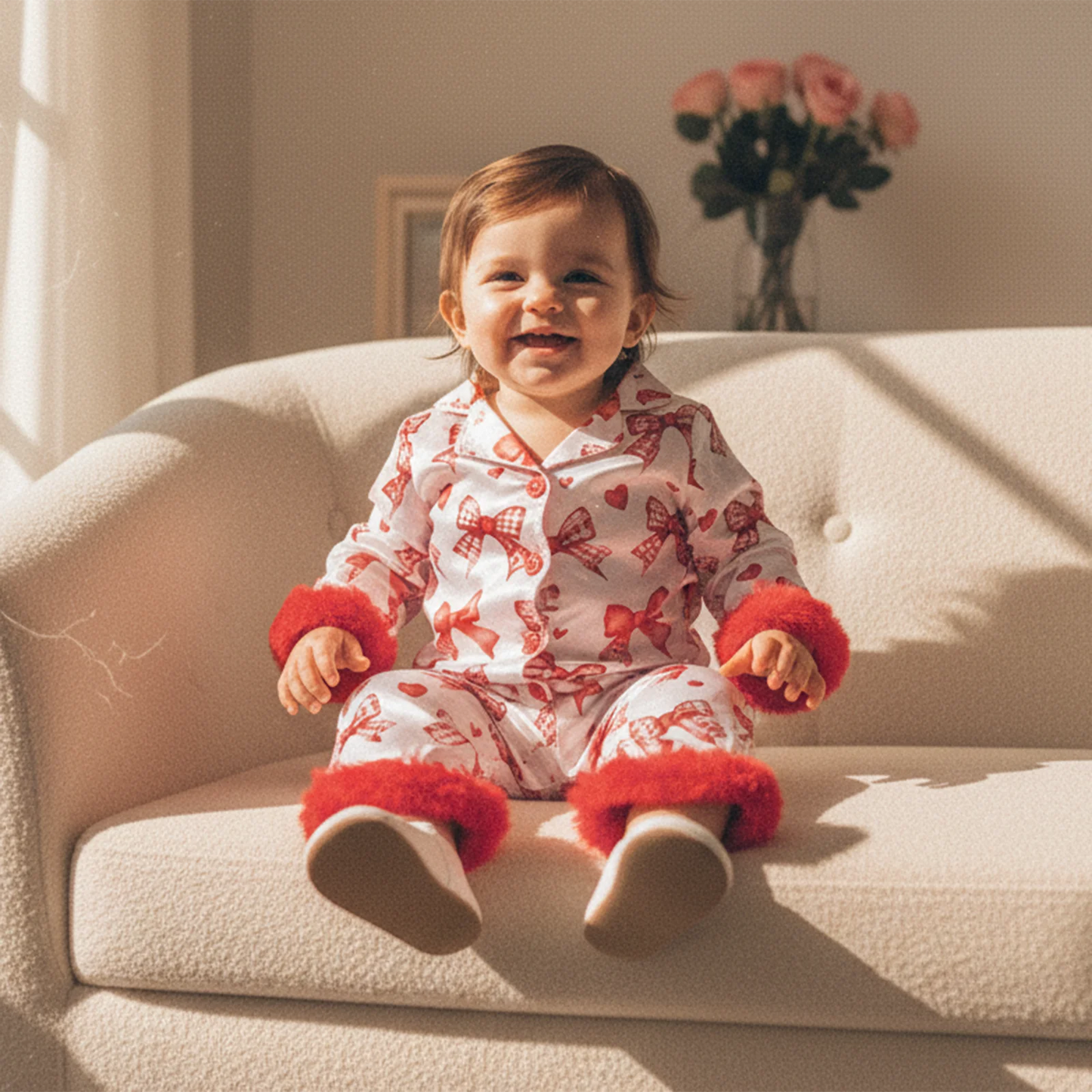 Baby Girls Romper - Heart Print Lapel Collar Jumpsuit with Fur Cuffs