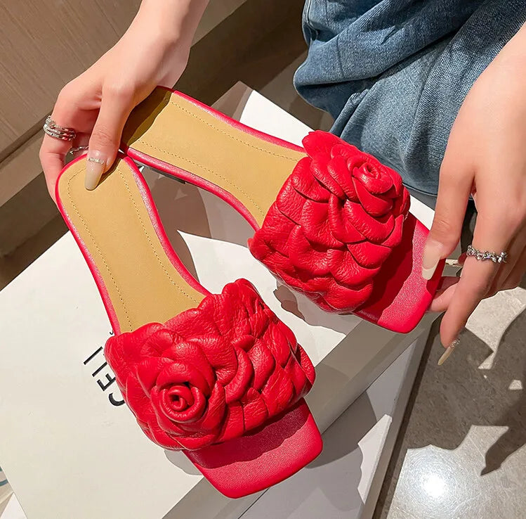 Women's 3D Flower Handmade Rose Head Layer Cowhide Open Toe Square Toe Slippers