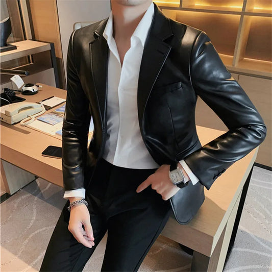 Men's Turn Down Collar PU Leather Blazer Jacket