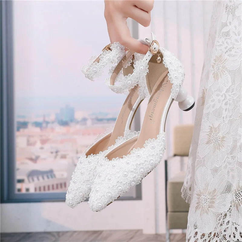 Women's 5cm Round Heel Shaped Heel Pearl Sandals