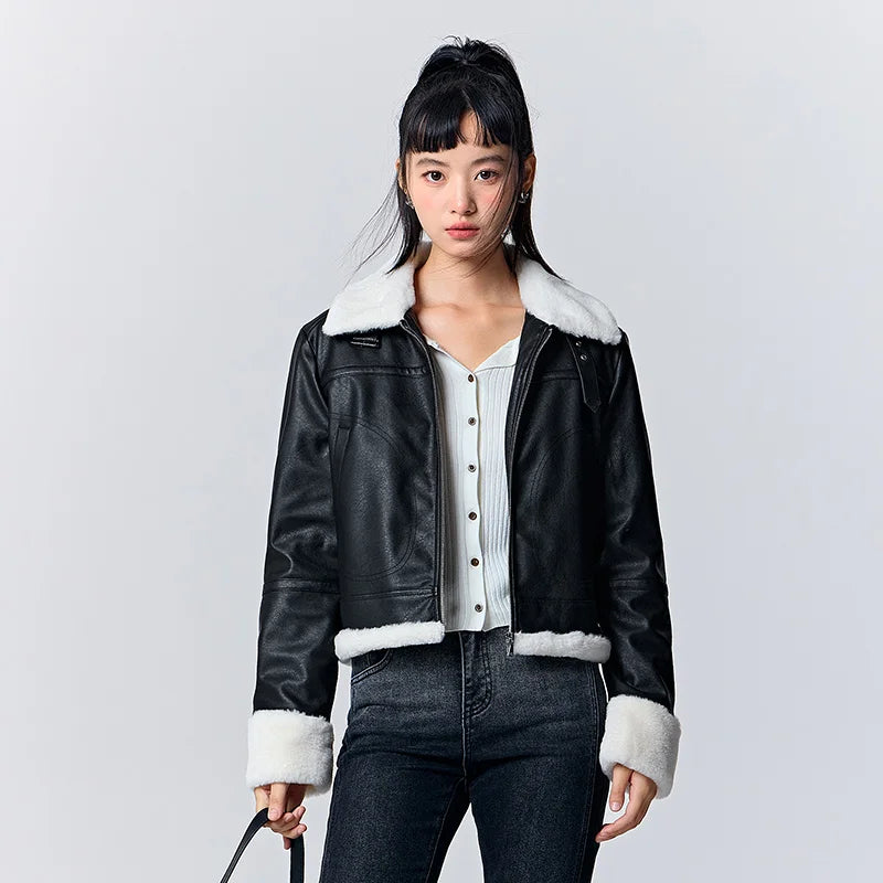 Quilted Faux Leather Cropped Jacket - Women's Winter Outerwear