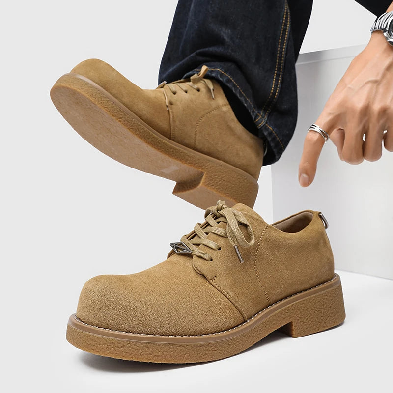 Men's Suede Leather Platform Work Shoes - Lace-Up Business Sneakers