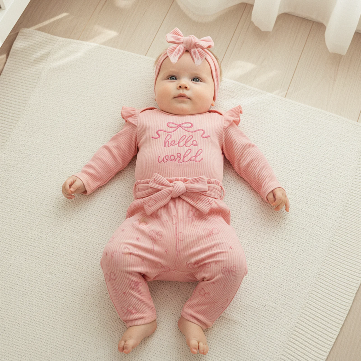 Newborn Baby 4-Piece Outfit Set - Long Sleeve Romper, Pants, Belt & Headband