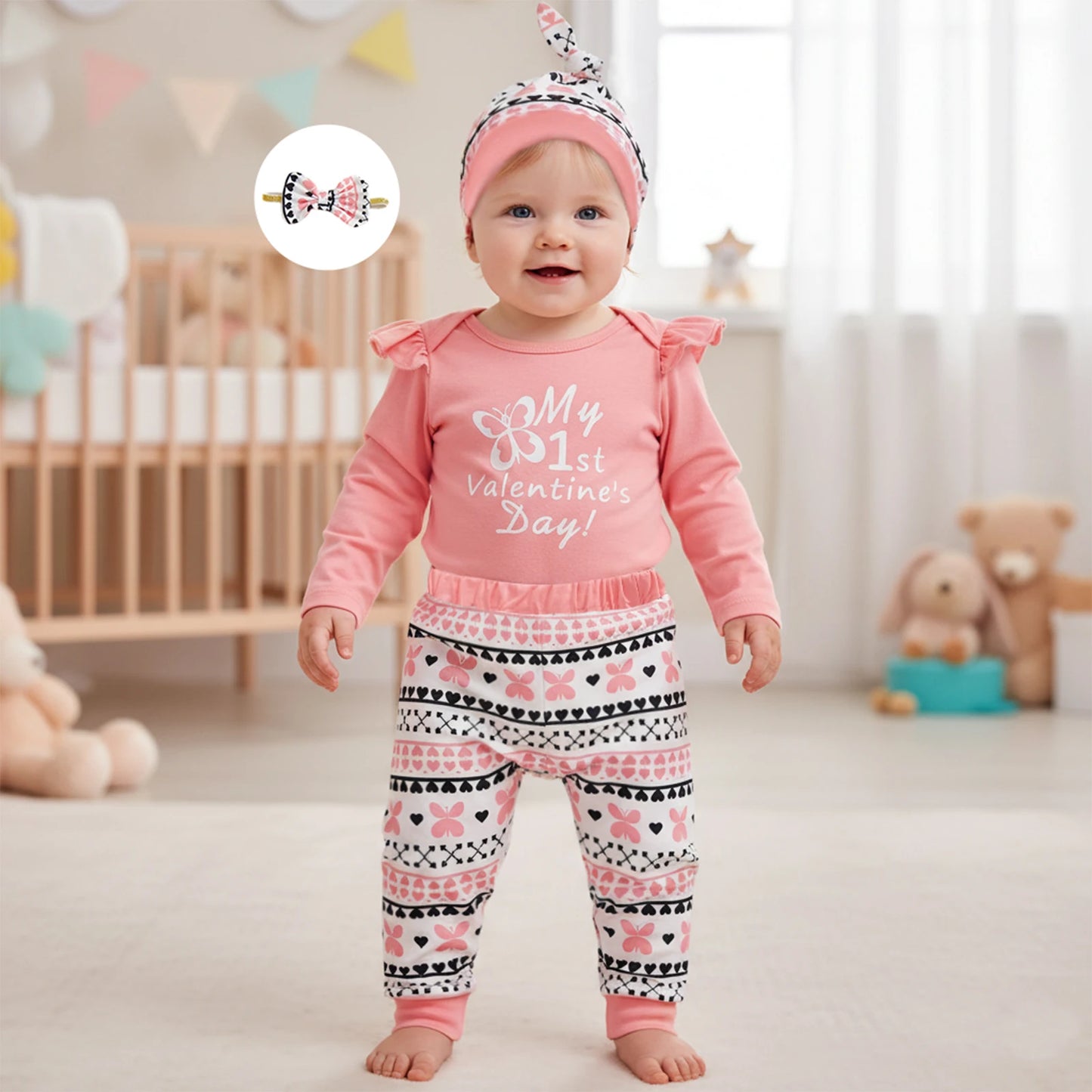 Newborn Baby Girls Boys Valentine's Day Outfit Set - Letter Print Romper with Butterfly Pants & Accessories 0-12M