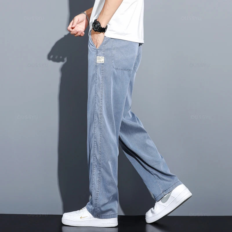 Men's Drawstring Elastic Waist Thin Soft Lyocell Fabric Jeans Size M-5XL