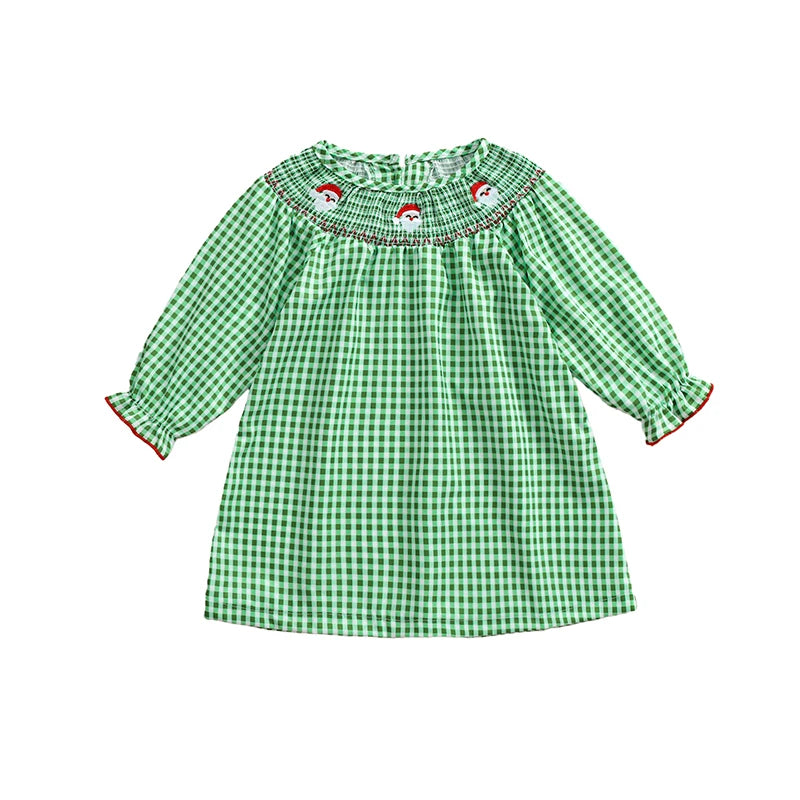 Christmas Santa Embroidery Plaid A-Line Dress - Girls Long Sleeve Festive Dress