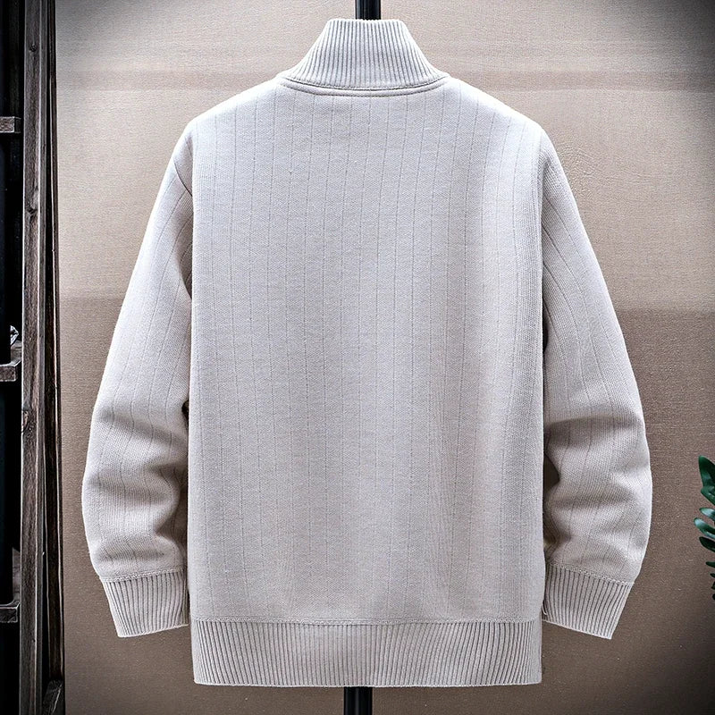 Men's Fleece Knit Cardigan - Stand Collar Zip Sweater Jacket