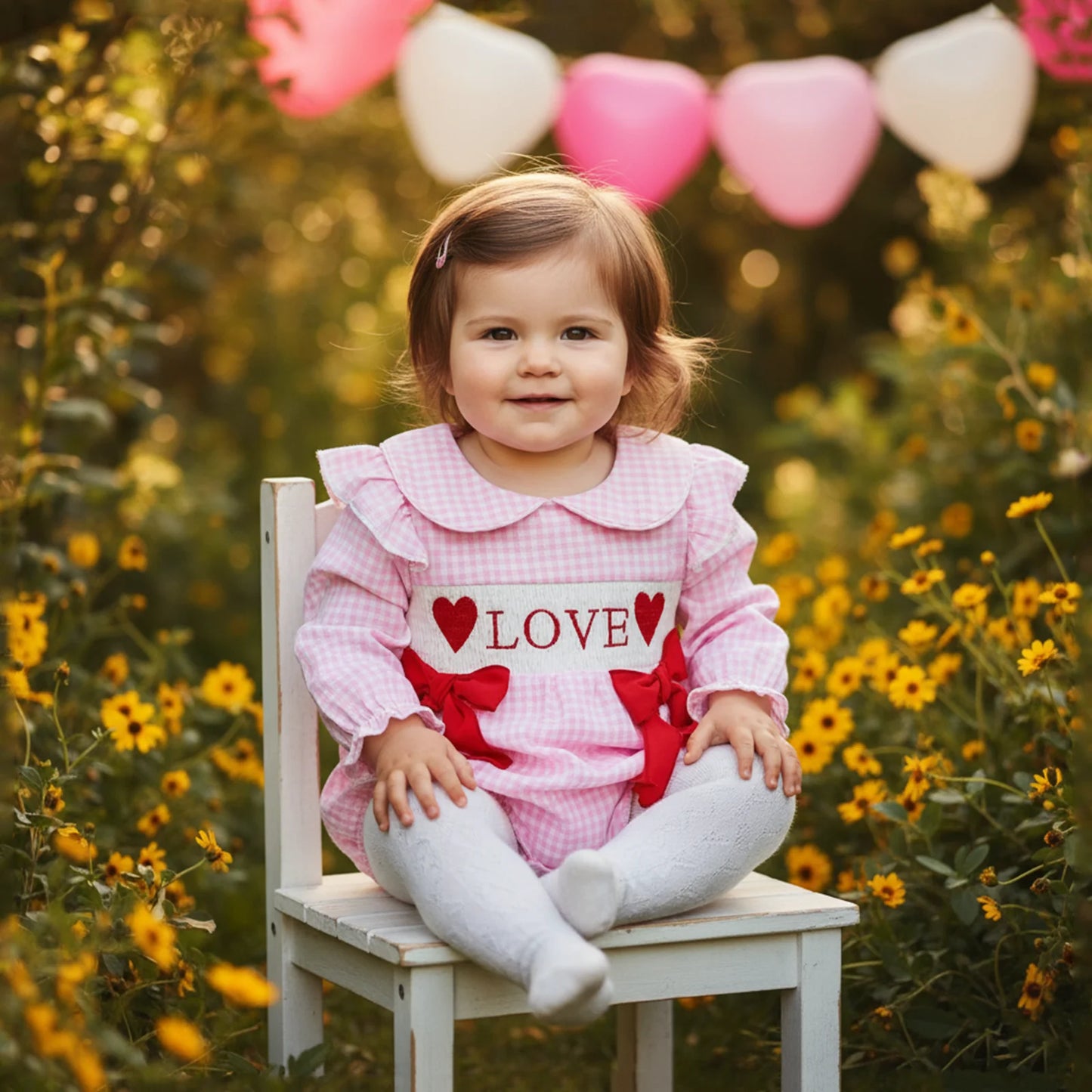 Baby Girls Valentine's Romper - Plaid Embroidered Ruffled Doll Neck Jumpsuit 0-18M