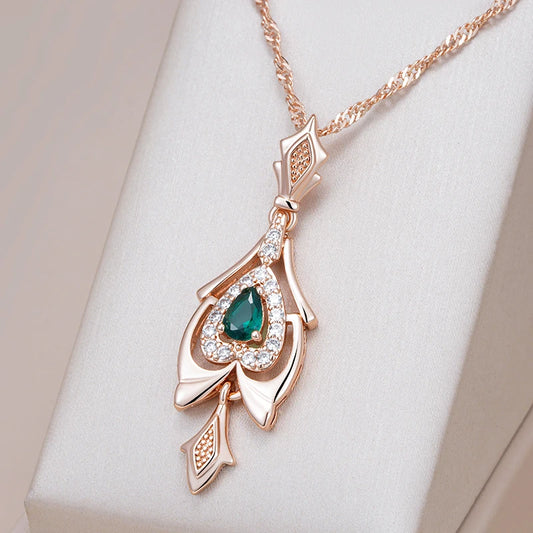 Women's 585 Rose Gold Colour  Crystal Flower Green Natural Zircon  Pendant Necklace