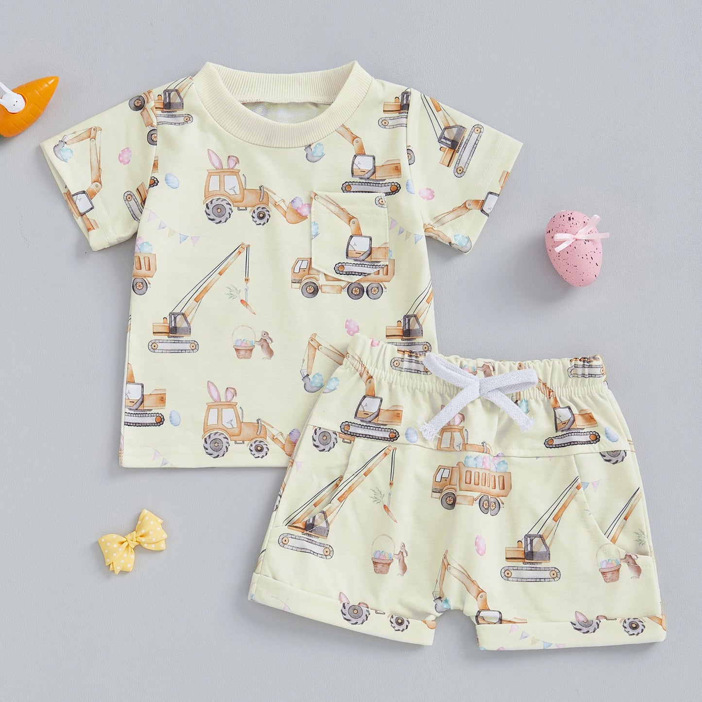 Boys' Excavator Print Summer Outfit Set - Short Sleeve Top with Elastic Waist Shorts