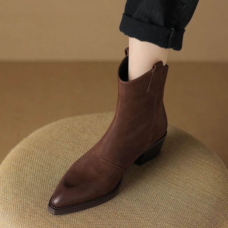 Women's Short Genuine Leather Thick Heels Pointed Toe Ankle Boots