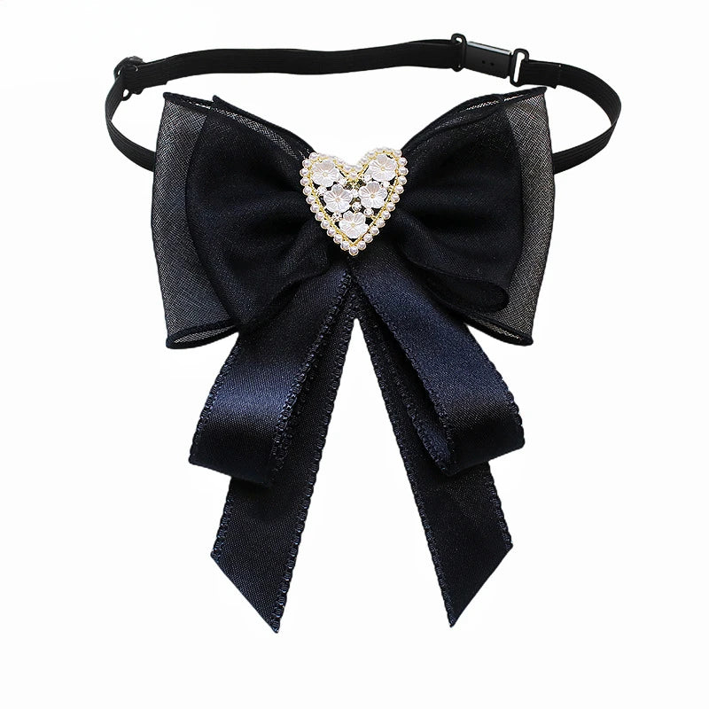Black Fabric Bow Brooch - College Style Crystal Collar Pin