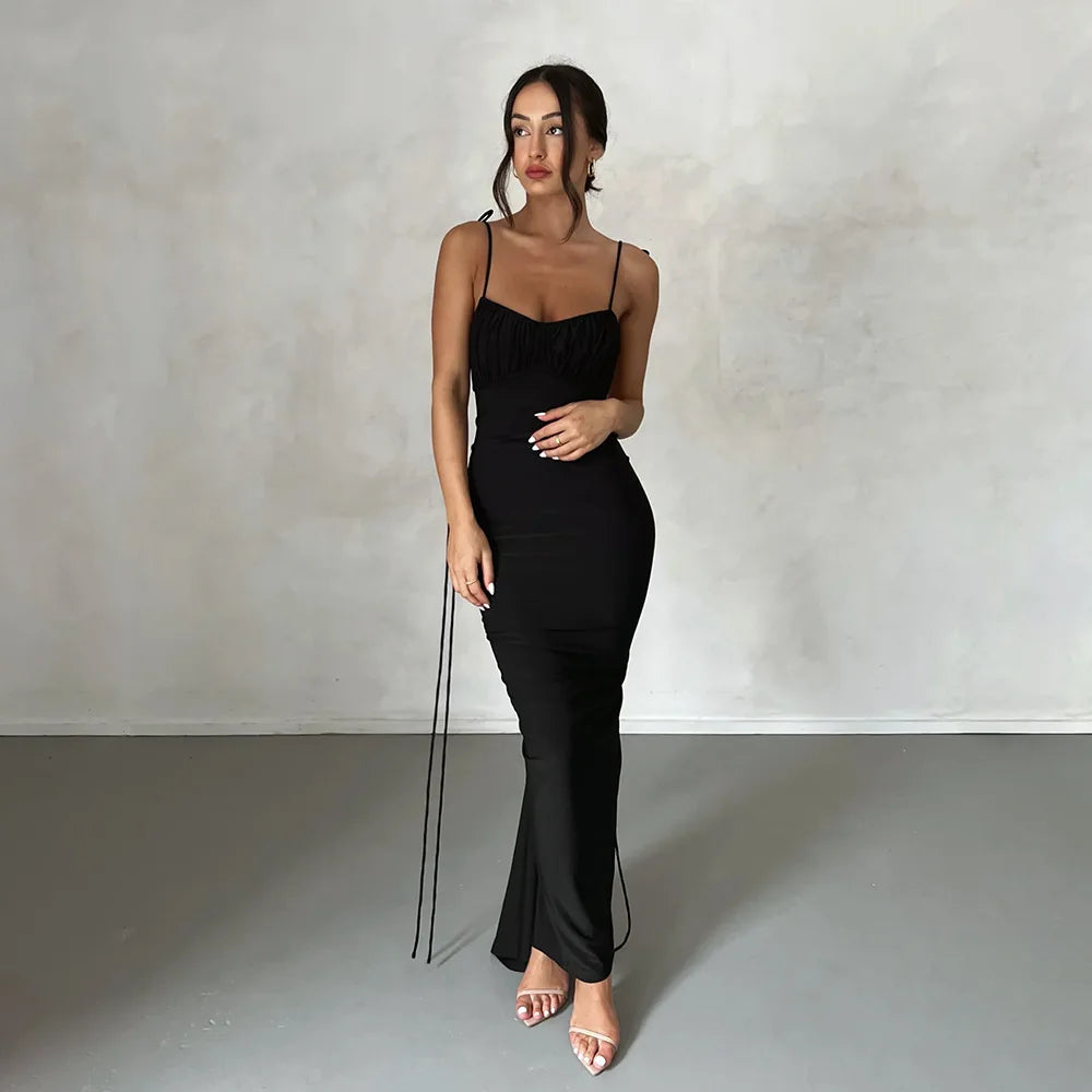 Women's Spaghetti Strap Backless Maxi Ruched Dress Outfit