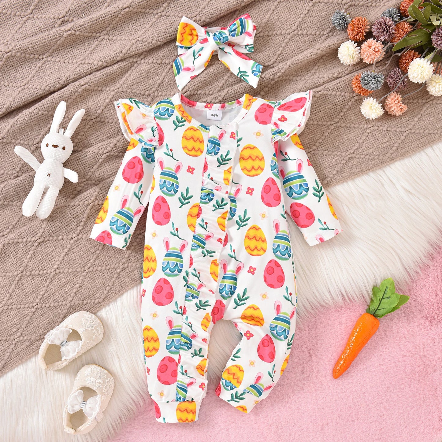 Newborn Baby Easter Jumpsuit - Long Sleeve Rabbit Egg Print Romper with Headband