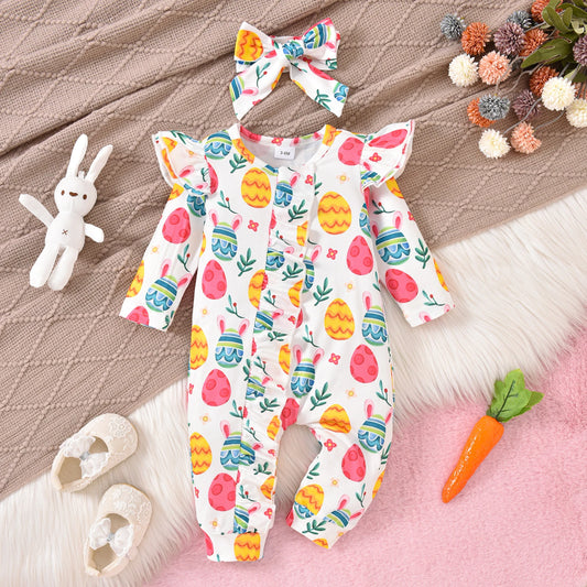 Newborn Baby Easter Jumpsuit - Long Sleeve Rabbit Egg Print Romper with Headband