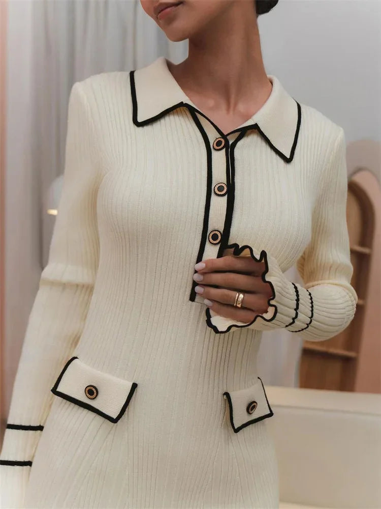 Women's Knitted Ruffled Rib High Waist Long Sleeve Banquet Dress