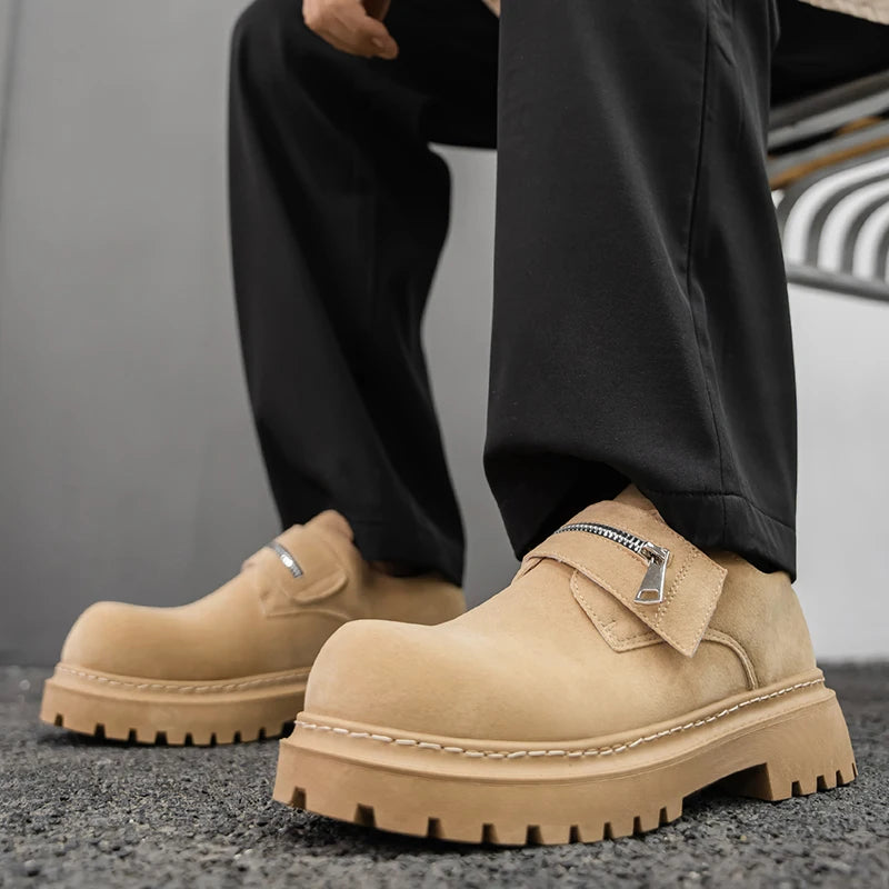 Men's Suede Leather Platform Work Shoes - Zipper Business Sneakers