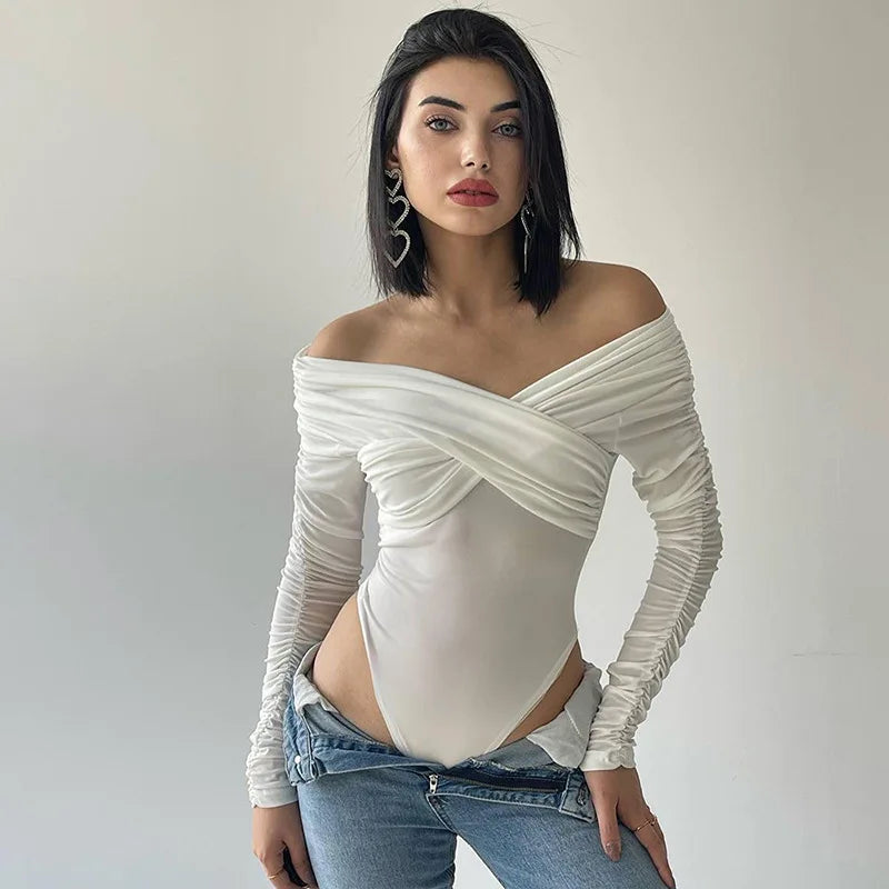 Women's Ruched Backless Wrap Bodysuit - Off Shoulder Slim Long Sleeve White Top One Piece