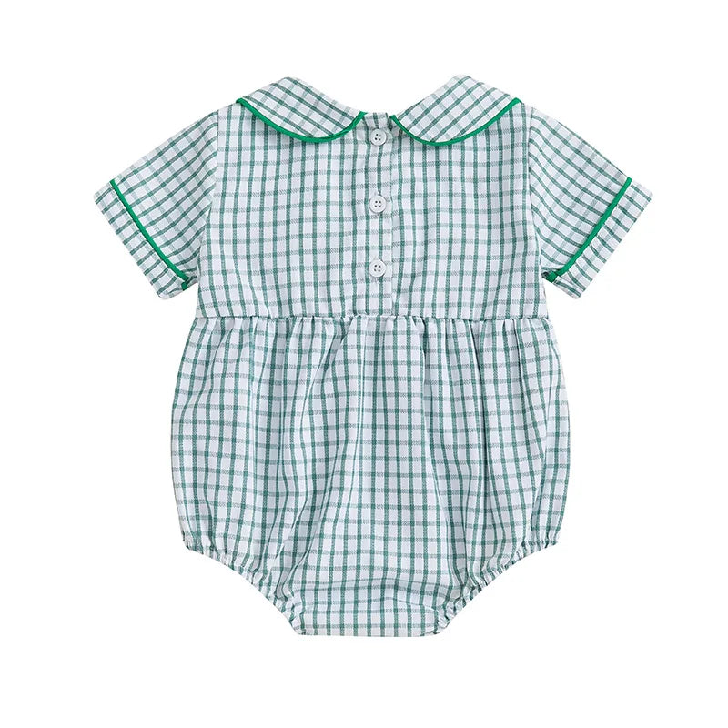 Baby Girls Summer Plaid Romper - Doll Collar Short Sleeve with Flower Embroidery (0-18M)