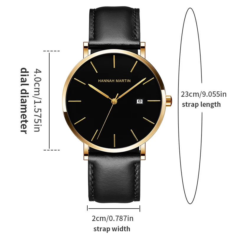 Genuine Leather Movement Gold Black Fashion Simplicity 3Bar Waterproof Quartz Wrist Watch