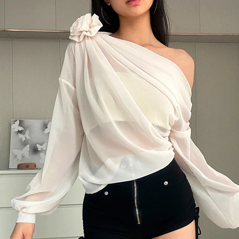 Women's Folds Flower Cover Up Mesh Sheer Long Sleeve Oversized  See Through Cover-up Shirt