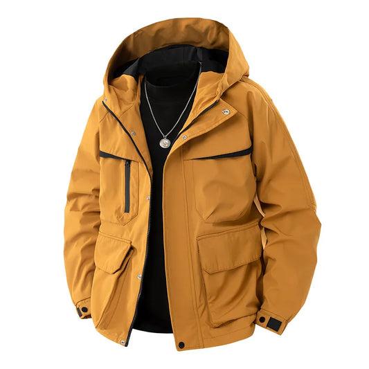 Men's Hooded Outdoor Jacket - Solid Colour Casual Outerwear with Zippers