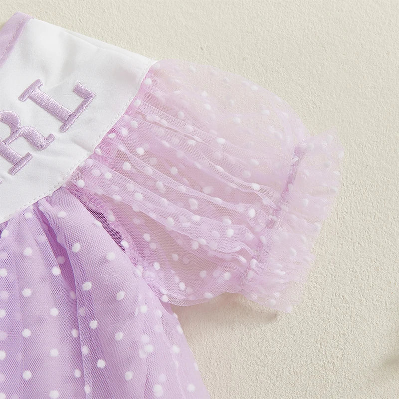 Baby Girls Birthday Romper Dress - Short Sleeve Dots Letters Embroidery Tulle Jumpsuit
