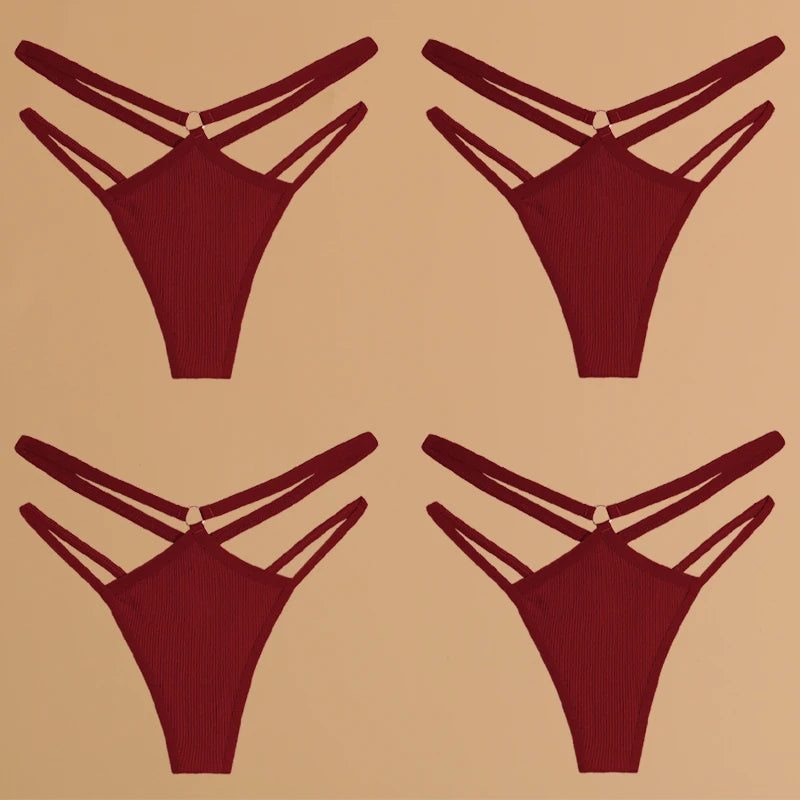 4-Pack Cotton Striped Thongs - Women's Low-Rise Breathable Underwear Set
