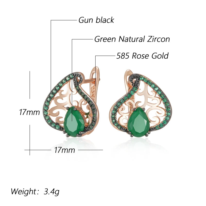 Women 585 Rose Gold and Black Plating Vintage Green Natural Zircon Crystal Flower Drop Earrings