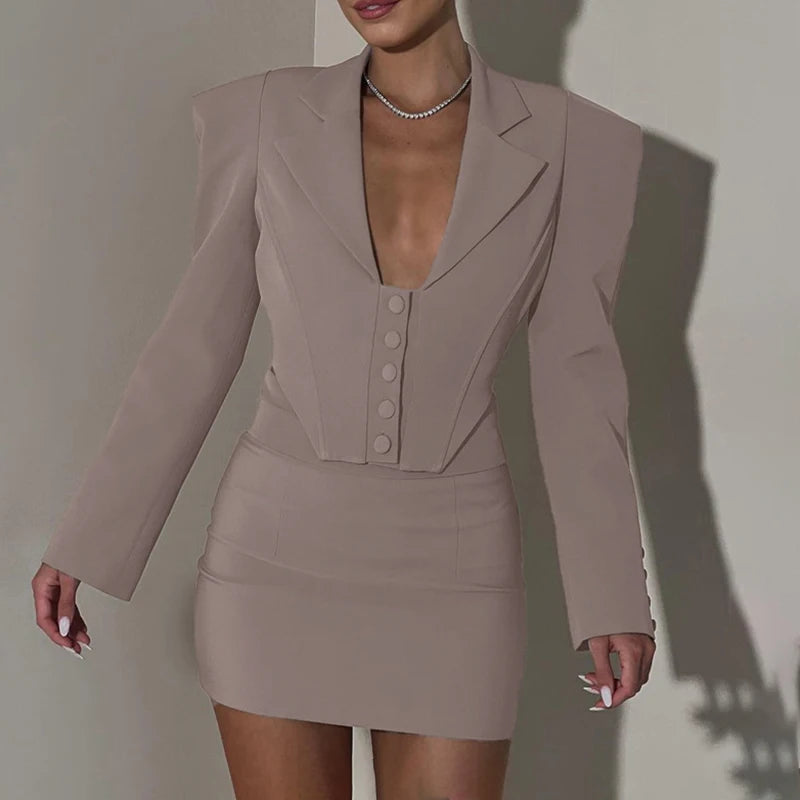 Women's Mini Skirt Long Sleeve Lapel Fishbone Top Hip-Covering Skirt Bodycon Two-Piece Commuting Set